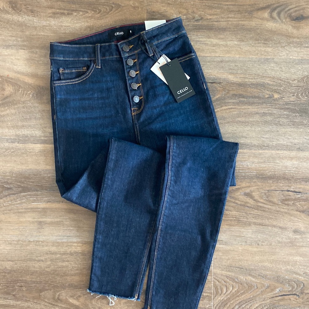 Cello button fly skinny jeans, size 9, dark wash
